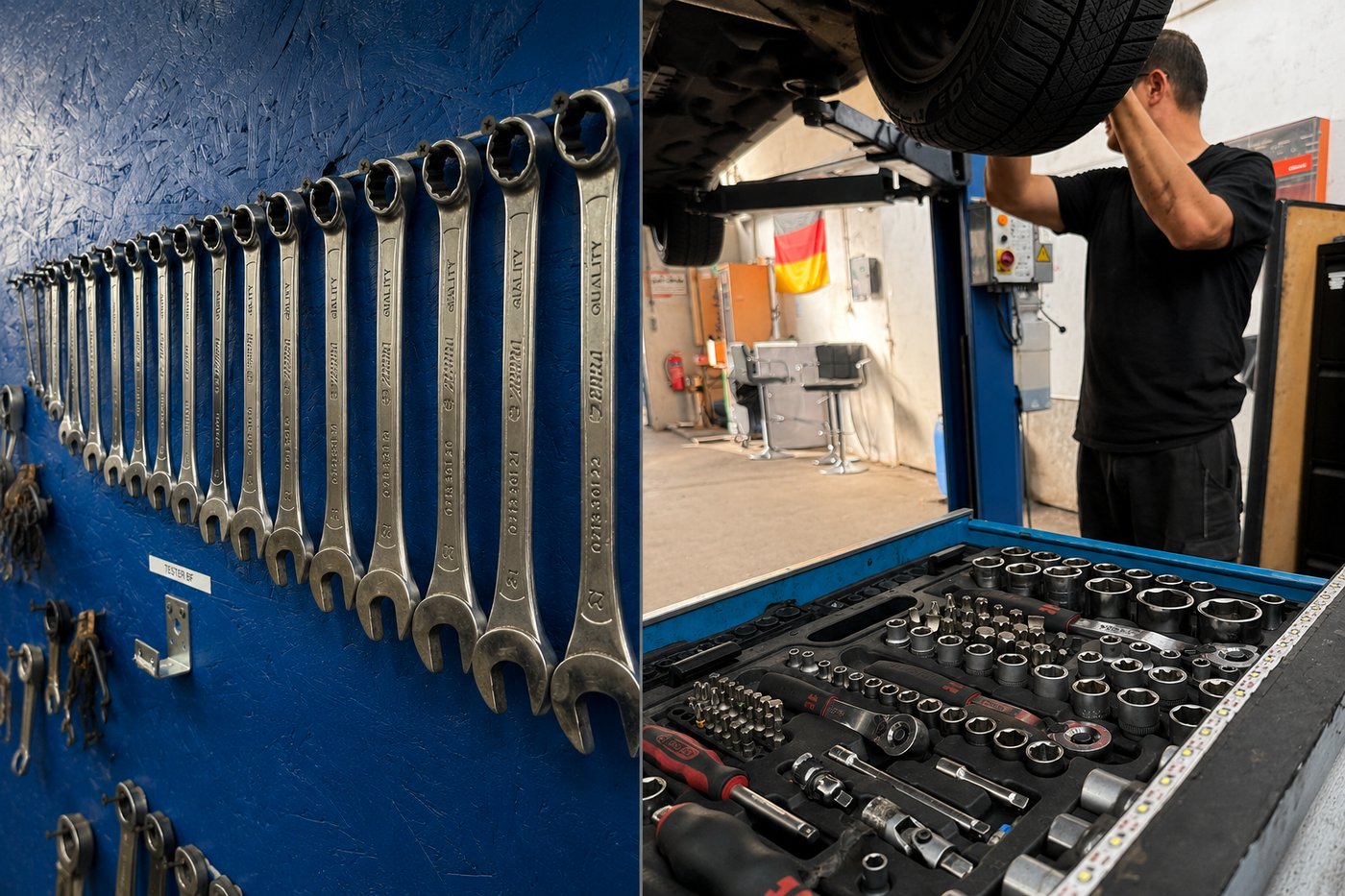 Collage: Ringmaulschlüssel an der Werkzeugwand und Mechaniker bei der Arbeit an einem angehobenen Fahrzeug mit Werkzeugkasten